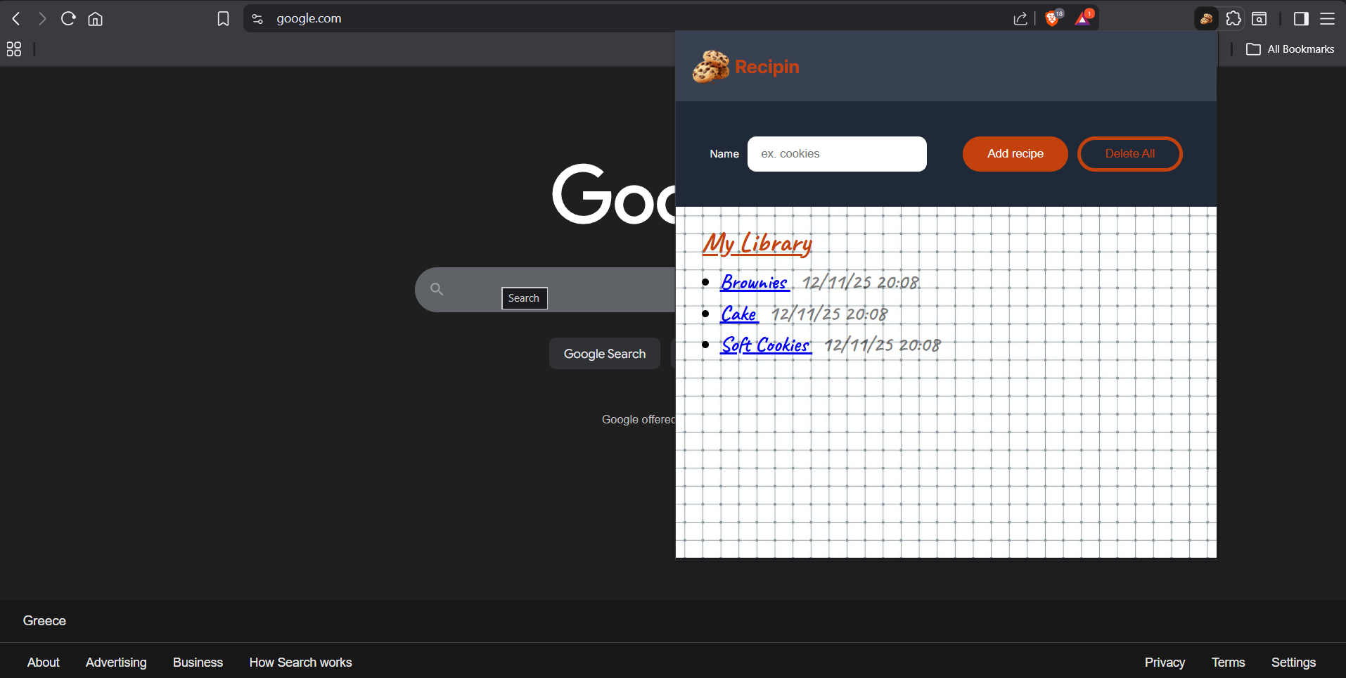 Recipin chrome extension preview
